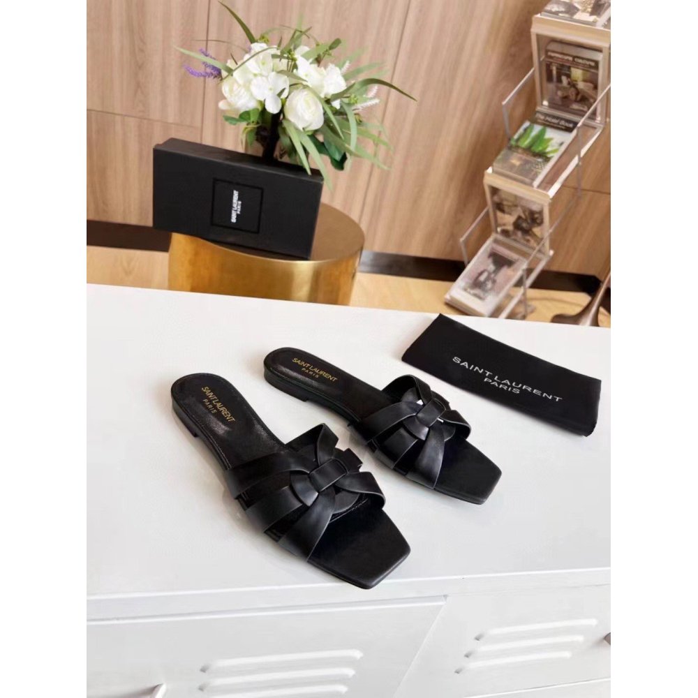 Cheap Reps Saint Laurent Tribute Slides In Black Calfskin