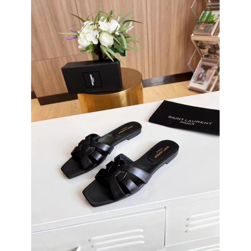 Cheap Reps Saint Laurent Tribute Slides In Black Calfskin