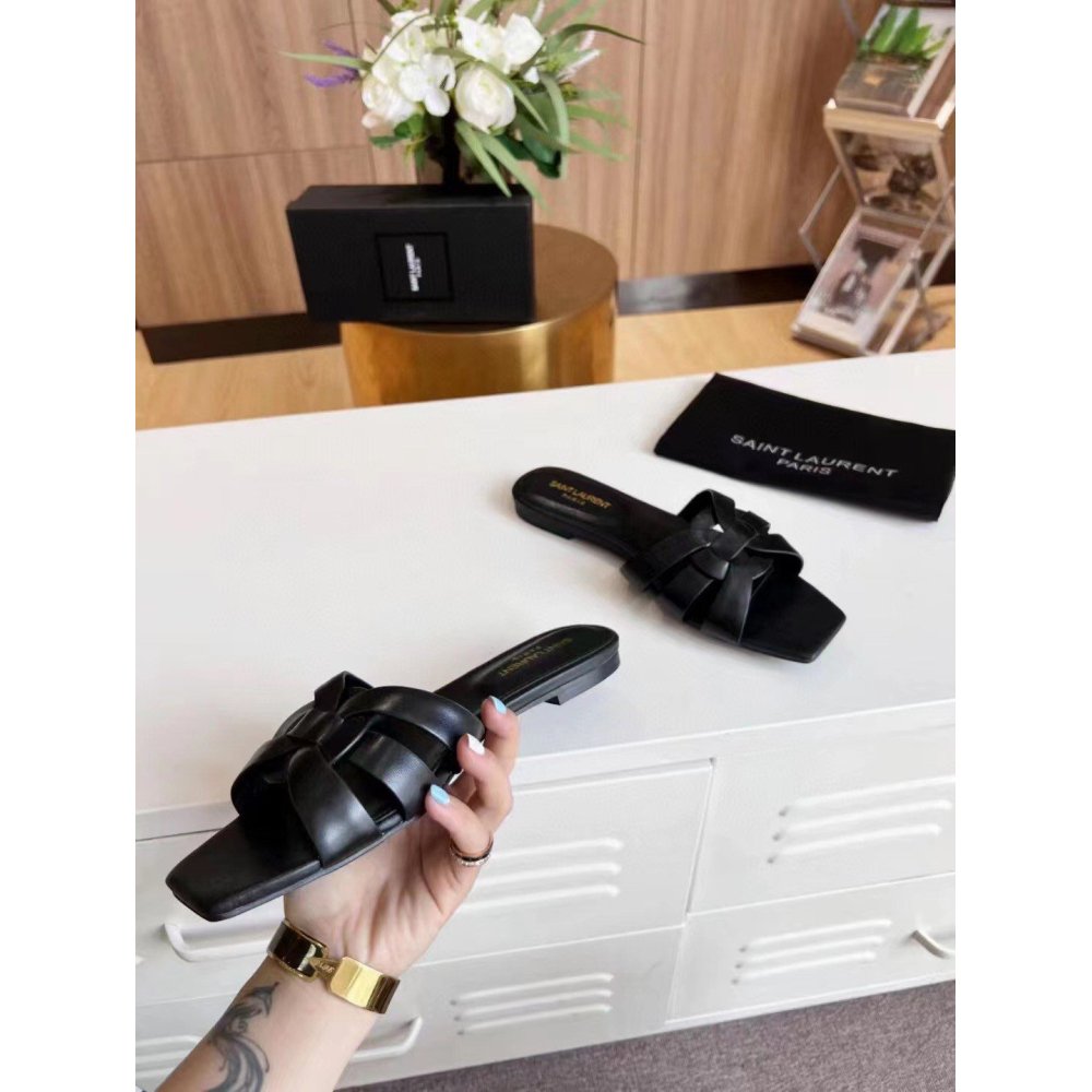 Cheap Reps Saint Laurent Tribute Slides In Black Calfskin