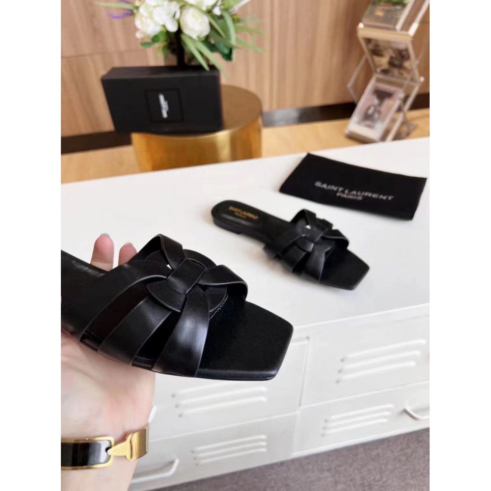 Cheap Reps Saint Laurent Tribute Slides In Black Calfskin