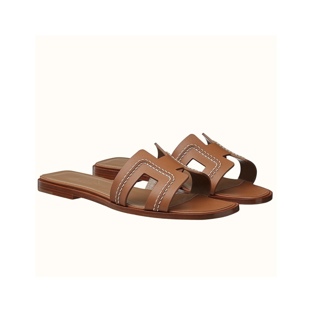 Cheap Reps Hermes Oran Slide Sandals In Brown Leather With Stitched