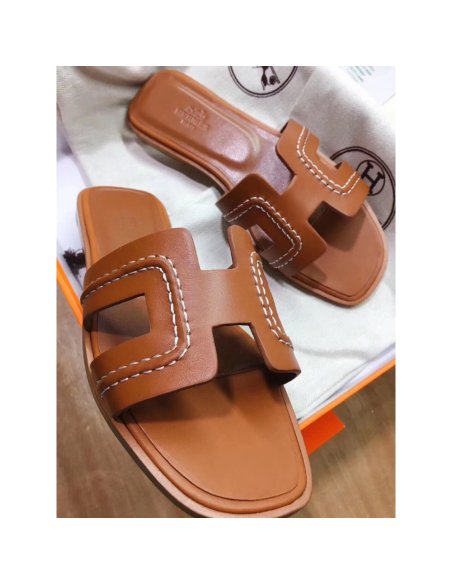 Cheap Reps Hermes Oran Slide Sandals In Brown Leather With Stitched