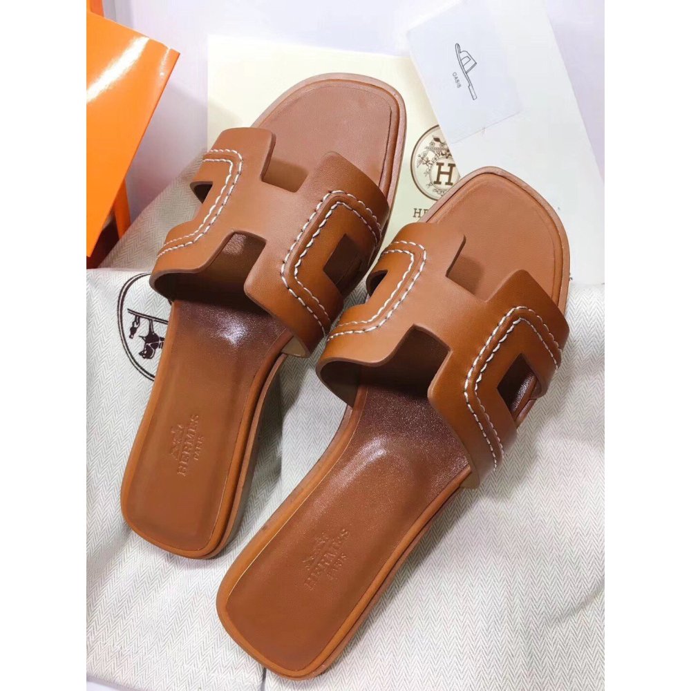 Cheap Reps Hermes Oran Slide Sandals In Brown Leather With Stitched
