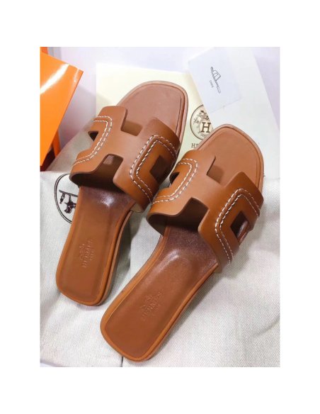 Cheap Reps Hermes Oran Slide Sandals In Brown Leather With Stitched
