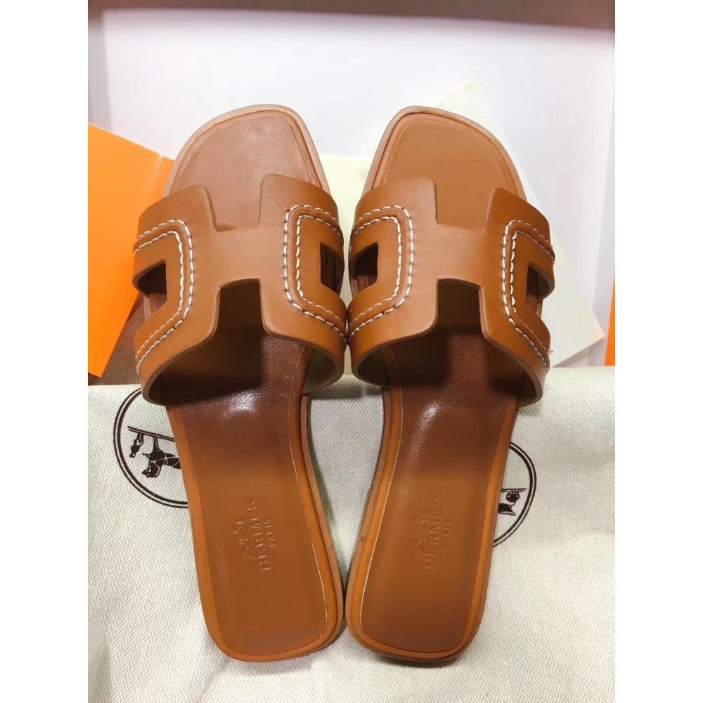 Cheap Reps Hermes Oran Slide Sandals In Brown Leather With Stitched