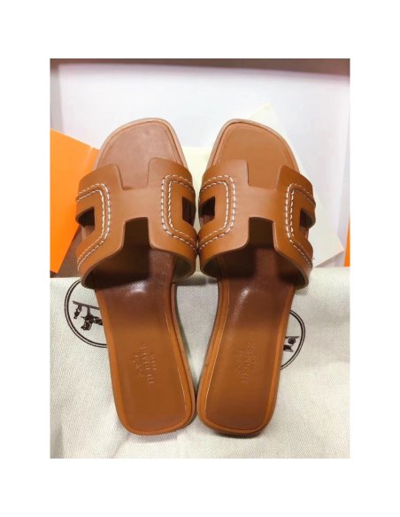 Cheap Reps Hermes Oran Slide Sandals In Brown Leather With Stitched