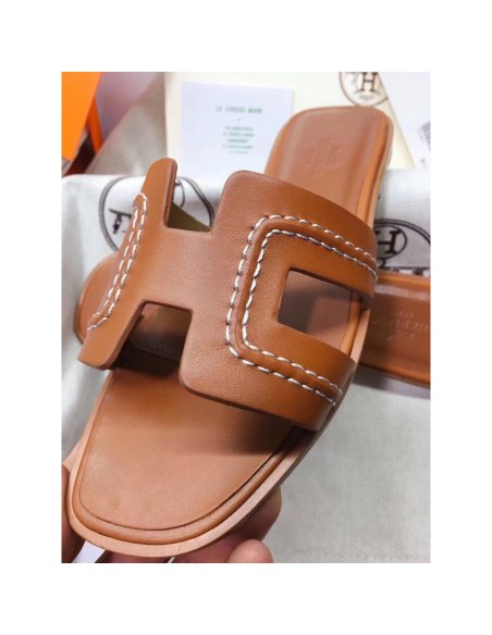 Cheap Reps Hermes Oran Slide Sandals In Brown Leather With Stitched