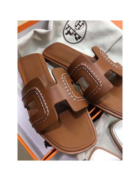 Cheap Reps Hermes Oran Slide Sandals In Brown Leather With Stitched