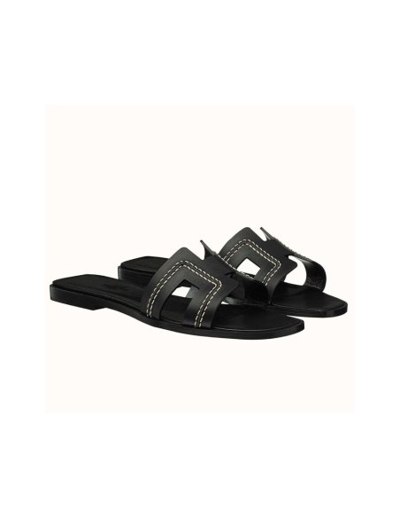 Cheap Reps Hermes Oran Slide Sandals In Black Leather With Stitched