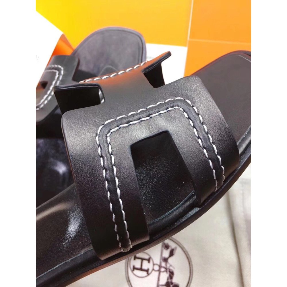 Cheap Reps Hermes Oran Slide Sandals In Black Leather With Stitched