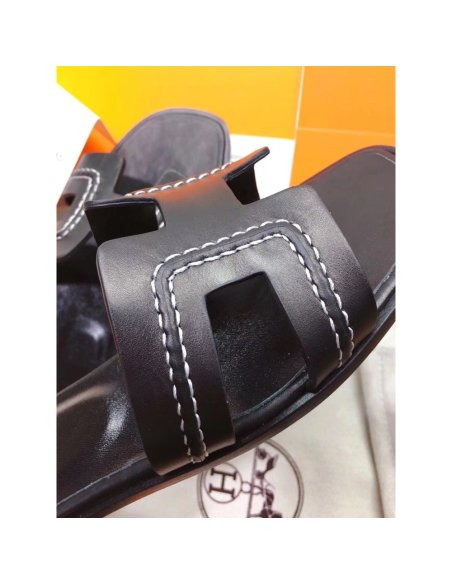 Cheap Reps Hermes Oran Slide Sandals In Black Leather With Stitched