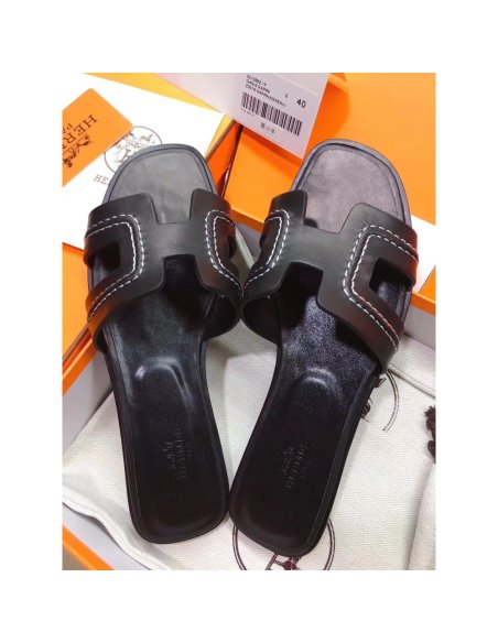 Cheap Reps Hermes Oran Slide Sandals In Black Leather With Stitched