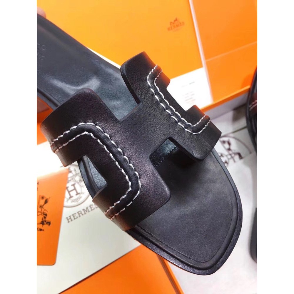 Cheap Reps Hermes Oran Slide Sandals In Black Leather With Stitched