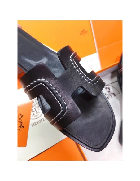 Cheap Reps Hermes Oran Slide Sandals In Black Leather With Stitched
