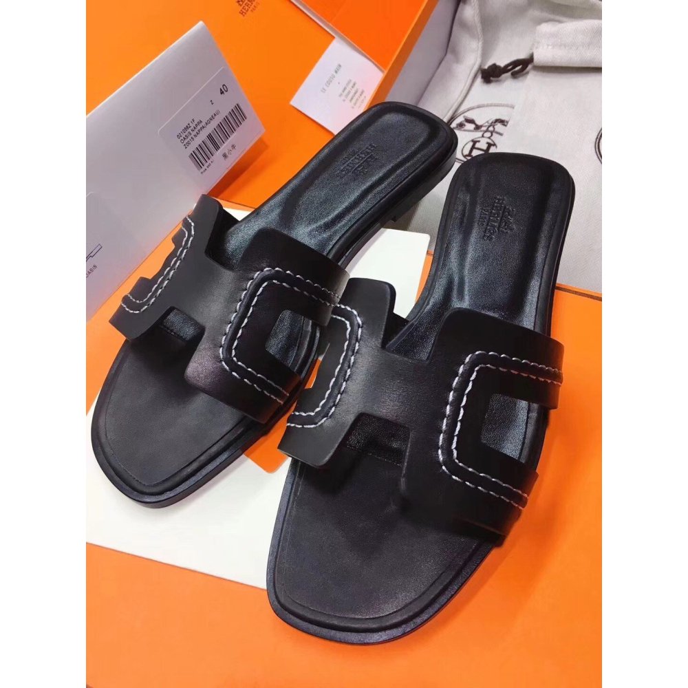 Cheap Reps Hermes Oran Slide Sandals In Black Leather With Stitched