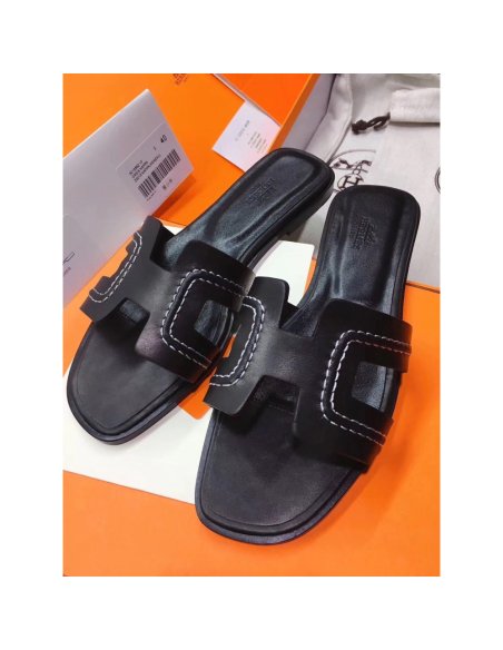 Cheap Reps Hermes Oran Slide Sandals In Black Leather With Stitched