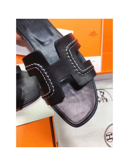 Cheap Reps Hermes Oran Slide Sandals In Black Leather With Stitched