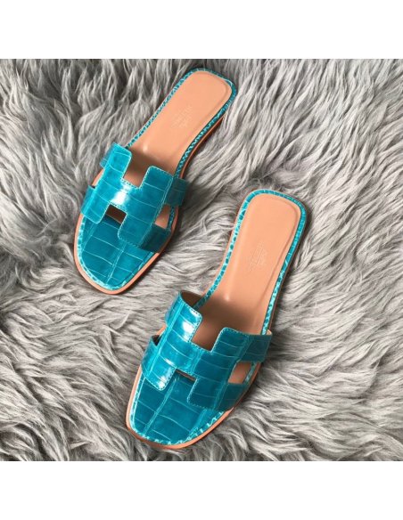 Cheap Reps Hermes Oran Slide Sandals In Blue Paon Shiny Niloticus Crocodile Skin