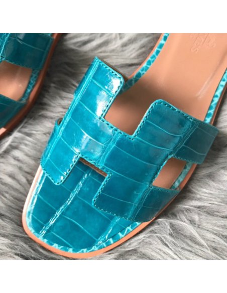 Cheap Reps Hermes Oran Slide Sandals In Blue Paon Shiny Niloticus Crocodile Skin