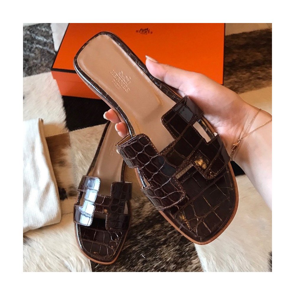 Cheap Reps Hermes Oran Slide Sandals In Burgundy Shiny Niloticus Crocodile Skin